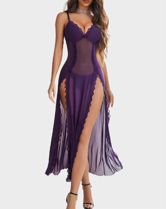 Women's Lace Mesh Nightgown & Thong Set – Spaghetti Strap Split Hem Lingerie Sleepwear