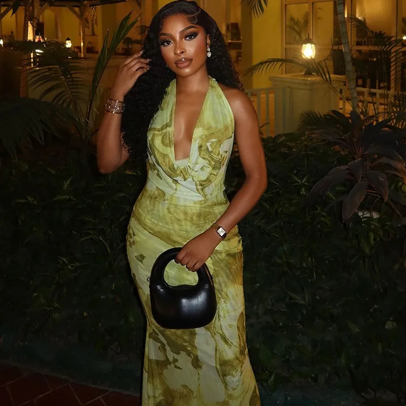 Green Sunset Waves Maxi Dress