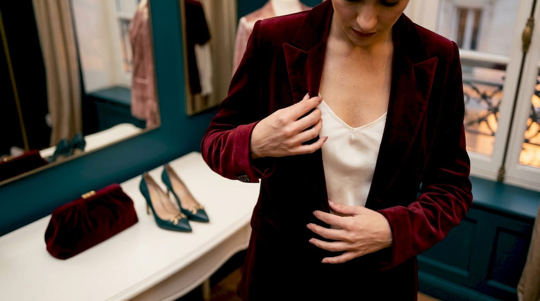 Velvet blazer over silk cami outfit detail
