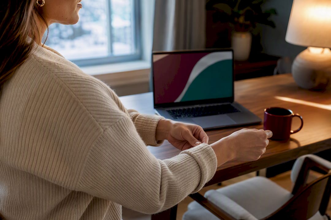 Woman adjusting outfit before video call