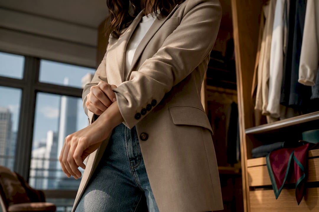 Cropped blazer and denim outfit details
