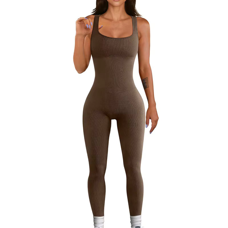 Women's Ribbed Skinny Jumpsuit – Square Neck, Hip-Lifting, All-Season