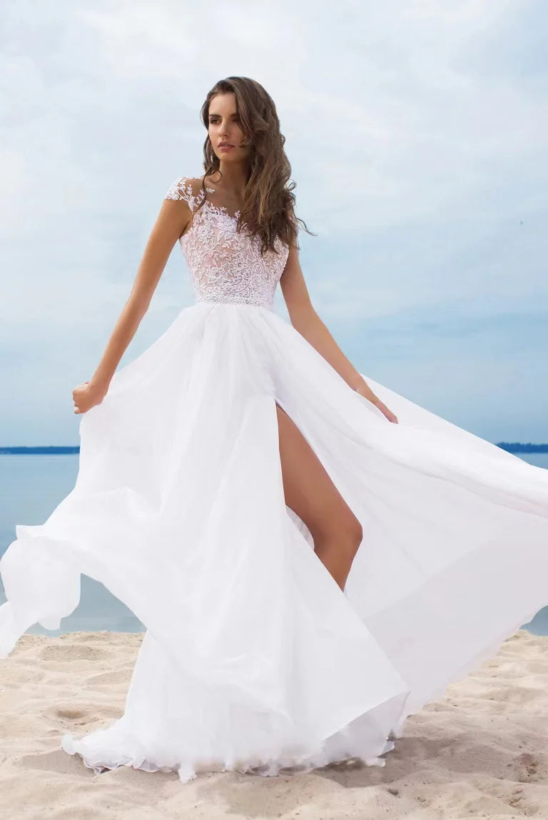 Women's Lace Chiffon Evening Dress – Off-Shoulder Slit Floor-Length Gown
