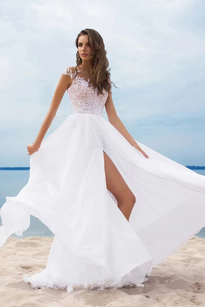 Women's Lace Chiffon Evening Dress – Off-Shoulder Slit Floor-Length Gown