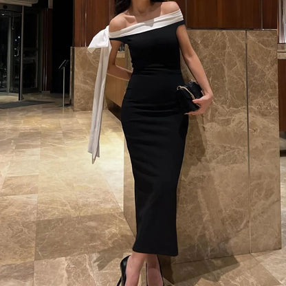 Women's Off-the-Shoulder Ribbon Tie Pencil Midi Dress – Sleeveless Solid Color Fitted Dress