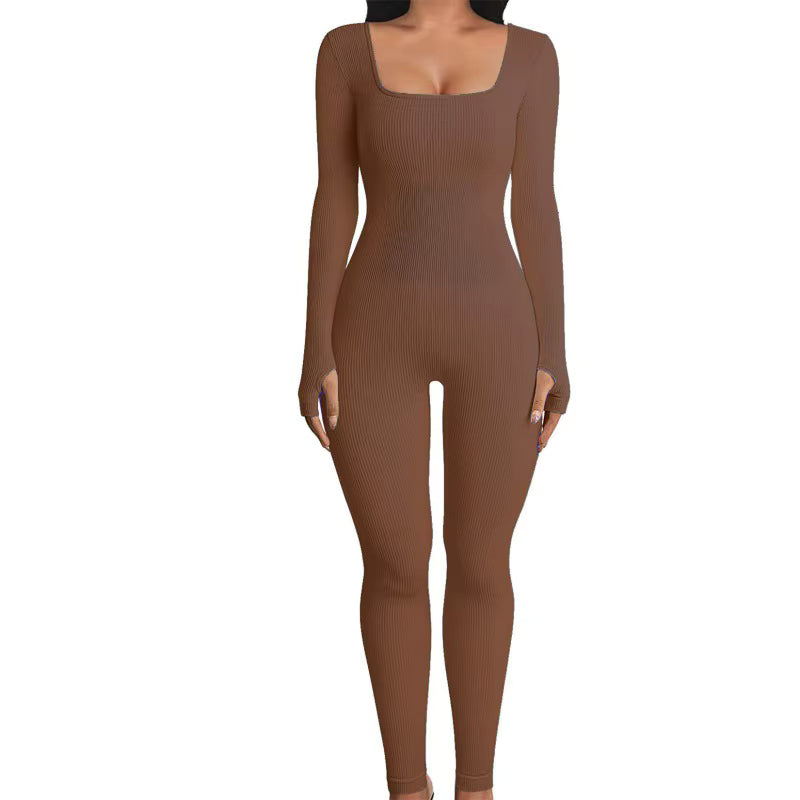 Women's Ribbed Skinny Jumpsuit – Square Neck, Hip-Lifting, All-Season