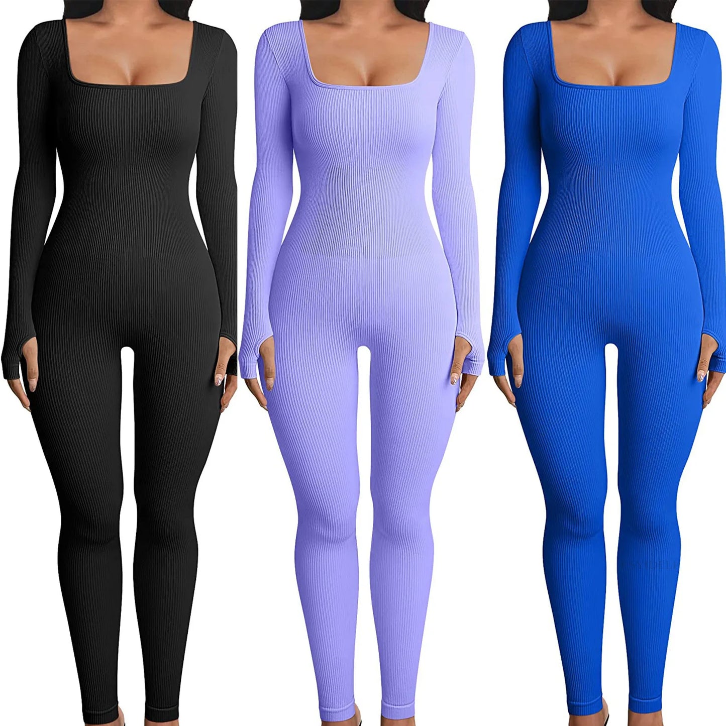 Women's Ribbed Skinny Jumpsuit – Square Neck, Hip-Lifting, All-Season