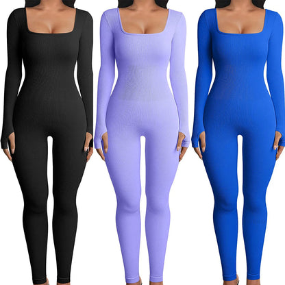 Women's Ribbed Skinny Jumpsuit – Square Neck, Hip-Lifting, All-Season