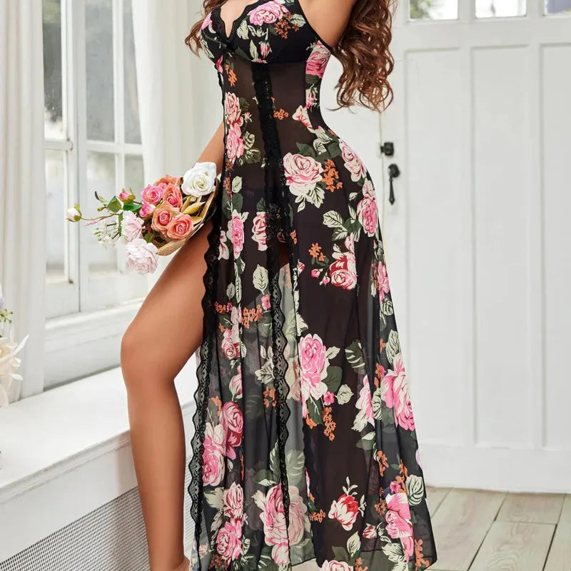 Women's Lace Mesh Nightgown & Thong Set – Spaghetti Strap Split Hem Lingerie Sleepwear