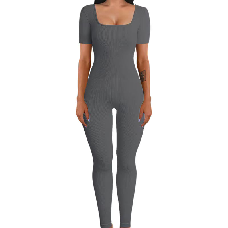 Women's Ribbed Skinny Jumpsuit – Square Neck, Hip-Lifting, All-Season