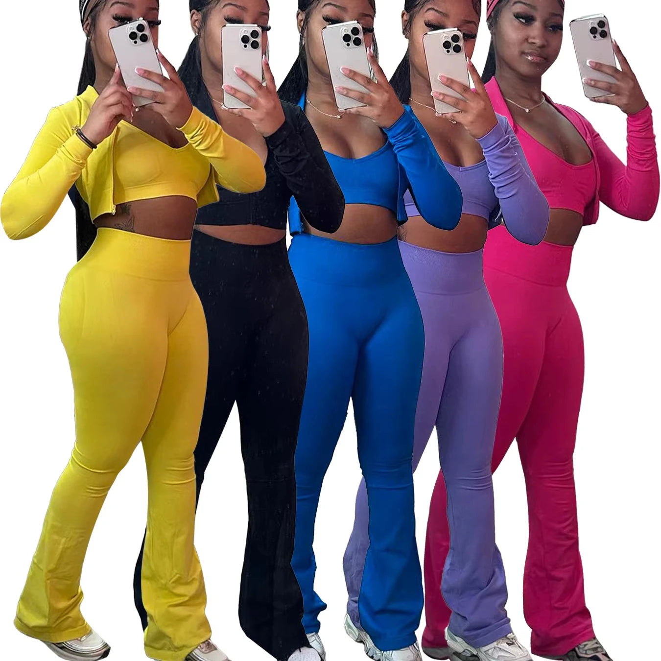 3Pc Solid Color Crop Top, High Waist Bootcut Sports Trousers and Long Sleeve Jacket