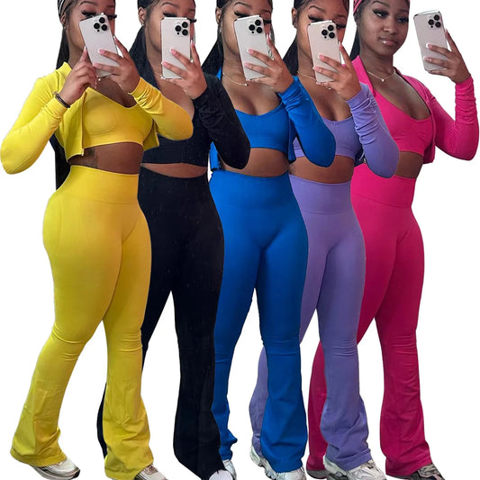 3Pc Solid Color Crop Top, High Waist Bootcut Sports Trousers and Long Sleeve Jacket