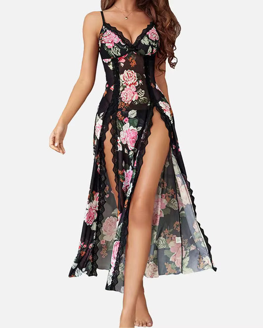 Women's Lace Mesh Nightgown & Thong Set – Spaghetti Strap Split Hem Lingerie Sleepwear