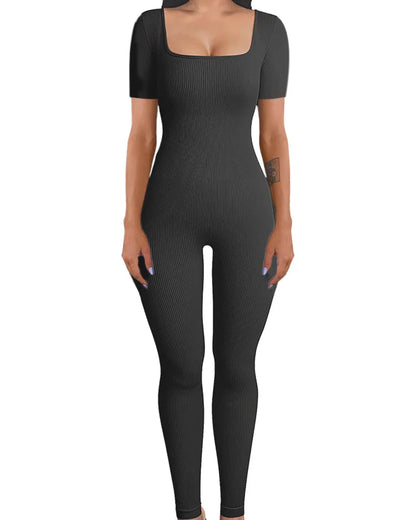 Women's Ribbed Skinny Jumpsuit – Square Neck, Hip-Lifting, All-Season