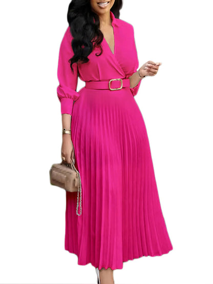 Women's V-Neck Midi Dress – Casual Loose Puff Sleeve Empire Waist Dress