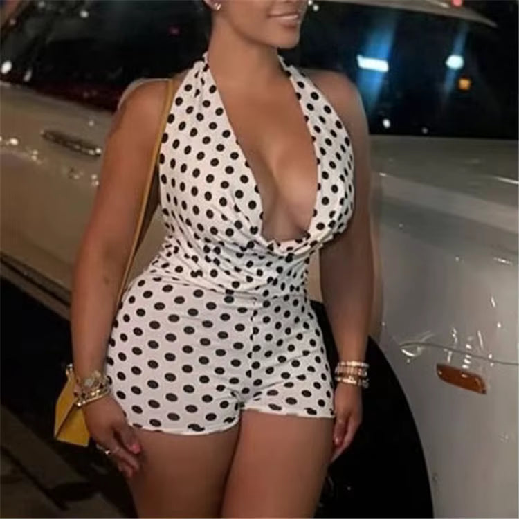 Women's Polka Dot Halter Jumpsuit – Backless Skinny Romper for Summer