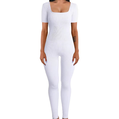 Women's Ribbed Skinny Jumpsuit – Square Neck, Hip-Lifting, All-Season