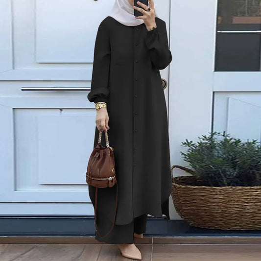 Women's Muslim Abaya Two-Piece Set – Long Sleeve Top & Wide Leg Pants