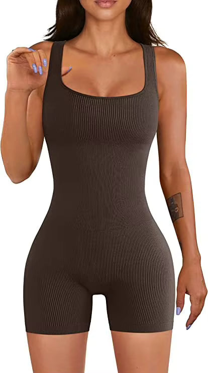 Women's Ribbed Skinny Jumpsuit – Square Neck, Hip-Lifting, All-Season