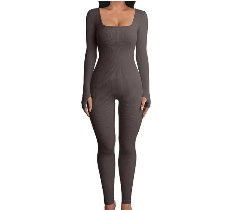 Women's Ribbed Skinny Jumpsuit – Square Neck, Hip-Lifting, All-Season