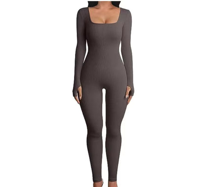 Women's Ribbed Skinny Jumpsuit – Square Neck, Hip-Lifting, All-Season