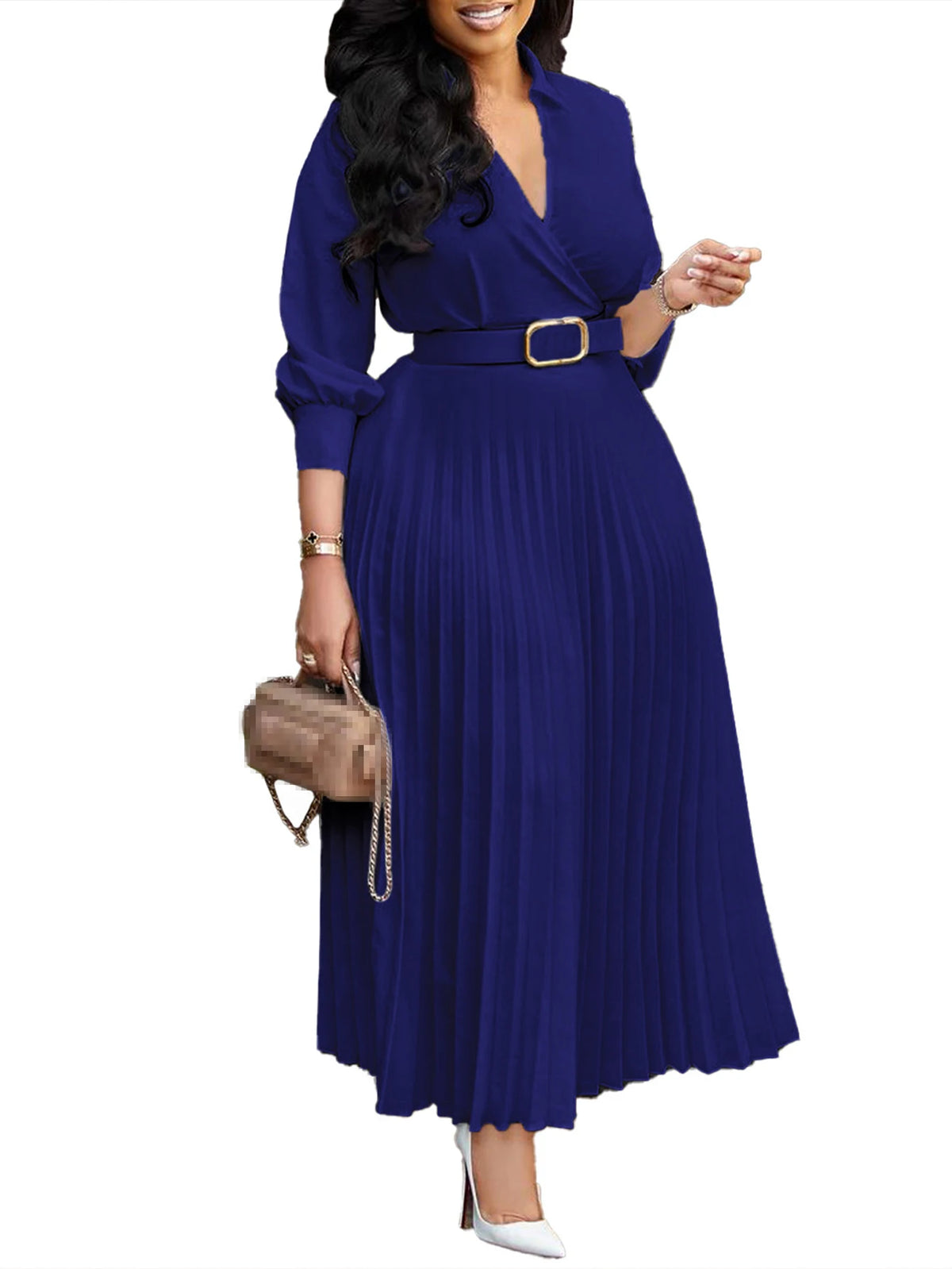 Women's V-Neck Midi Dress – Casual Loose Puff Sleeve Empire Waist Dress