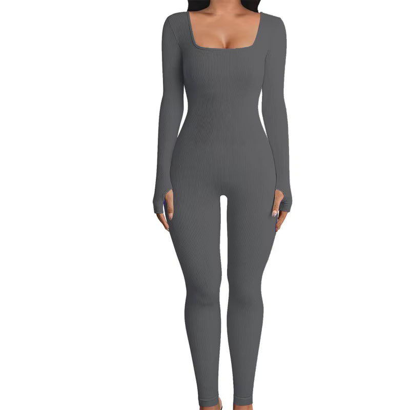 Women's Ribbed Skinny Jumpsuit – Square Neck, Hip-Lifting, All-Season