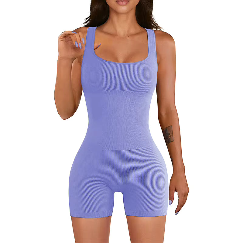 Women's Ribbed Skinny Jumpsuit – Square Neck, Hip-Lifting, All-Season