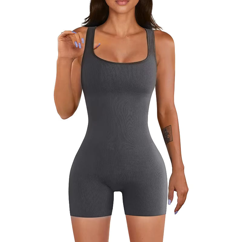 Women's Ribbed Skinny Jumpsuit – Square Neck, Hip-Lifting, All-Season