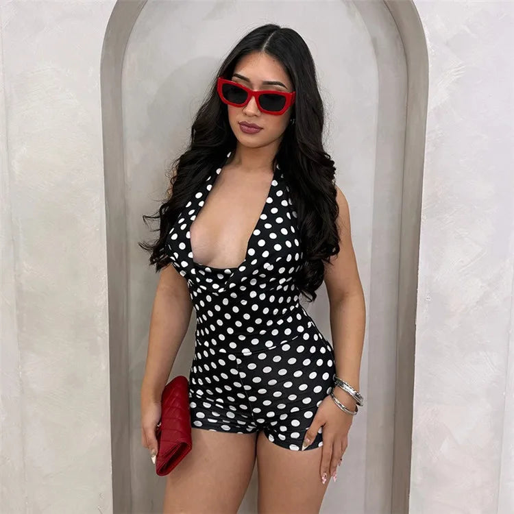 Women's Polka Dot Halter Jumpsuit – Backless Skinny Romper for Summer