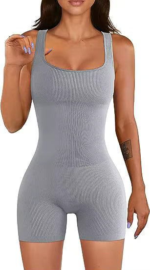 Women's Ribbed Skinny Jumpsuit – Square Neck, Hip-Lifting, All-Season