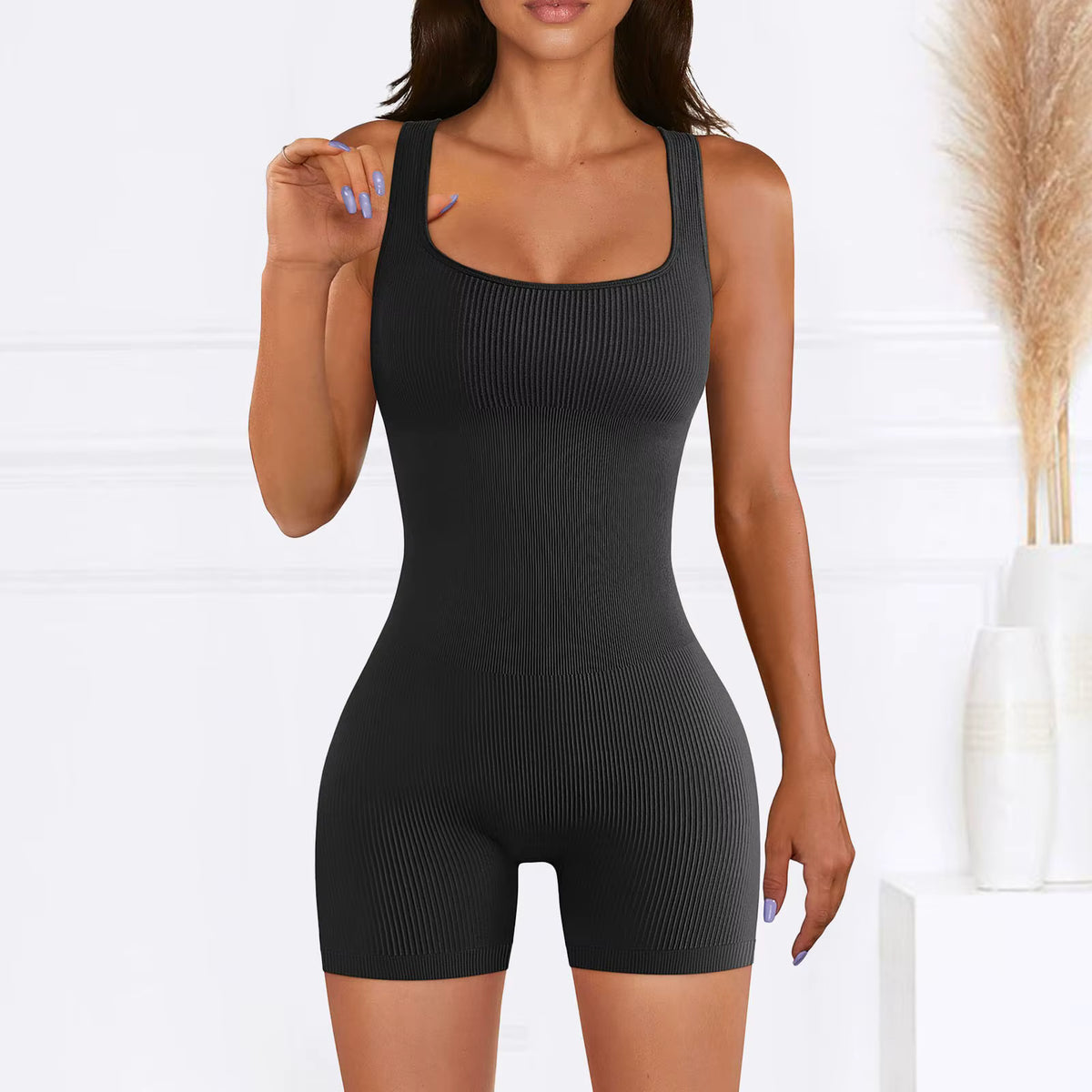 Women's Ribbed Skinny Jumpsuit – Square Neck, Hip-Lifting, All-Season