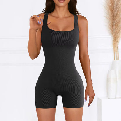 Women's Ribbed Skinny Jumpsuit – Square Neck, Hip-Lifting, All-Season