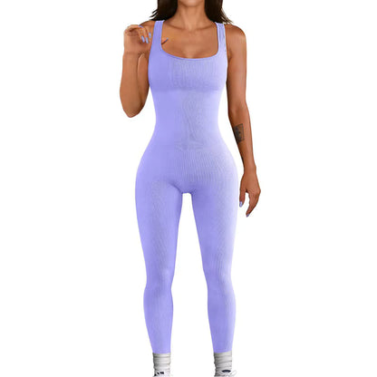 Women's Ribbed Skinny Jumpsuit – Square Neck, Hip-Lifting, All-Season