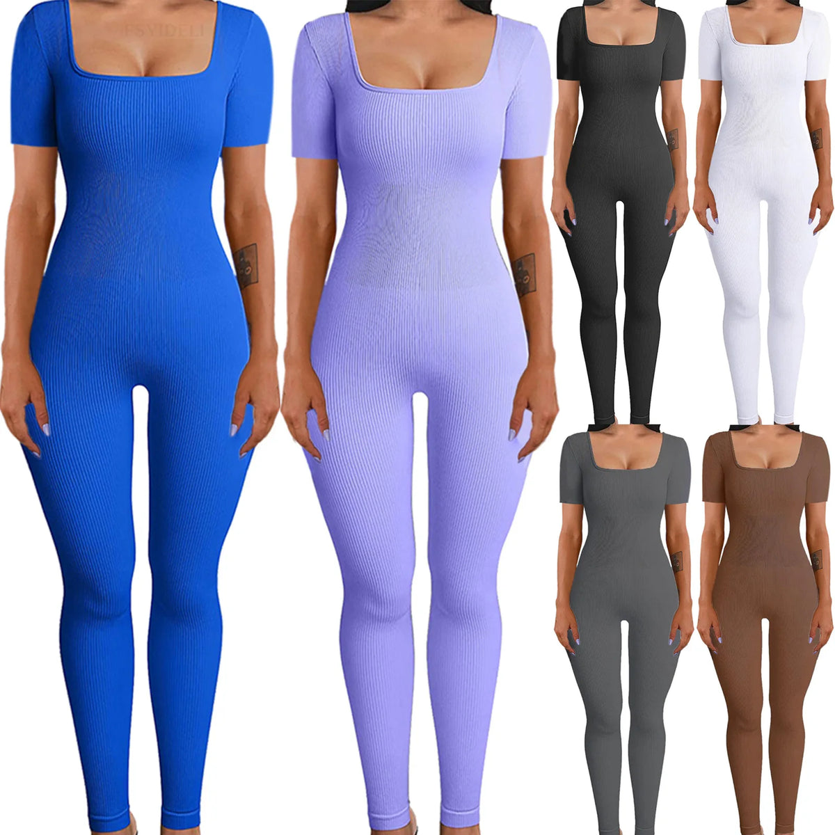 Women's Ribbed Skinny Jumpsuit – Square Neck, Hip-Lifting, All-Season