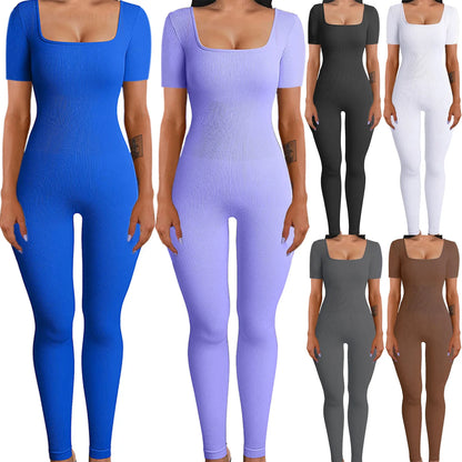 Women's Ribbed Skinny Jumpsuit – Square Neck, Hip-Lifting, All-Season