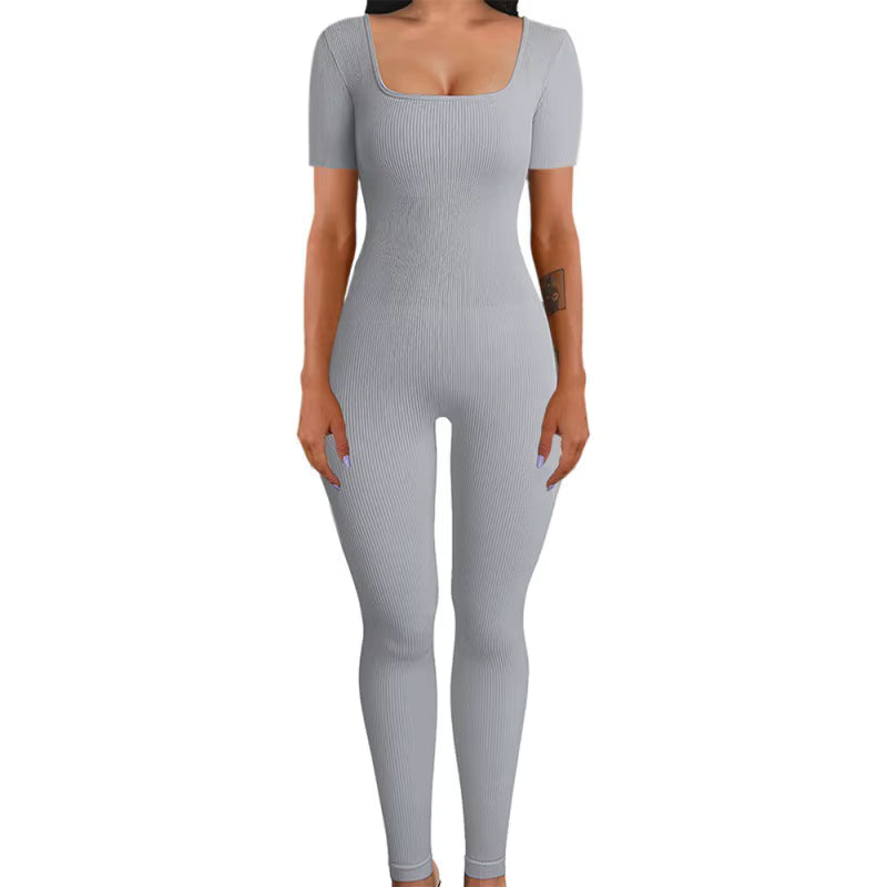 Women's Ribbed Skinny Jumpsuit – Square Neck, Hip-Lifting, All-Season