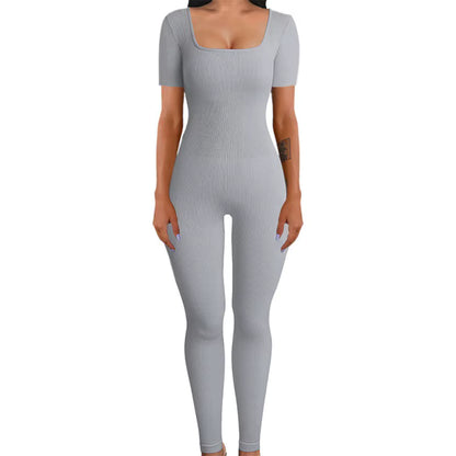 Women's Ribbed Skinny Jumpsuit – Square Neck, Hip-Lifting, All-Season
