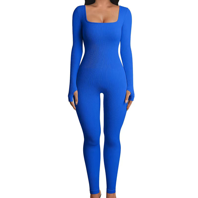 Women's Ribbed Skinny Jumpsuit – Square Neck, Hip-Lifting, All-Season