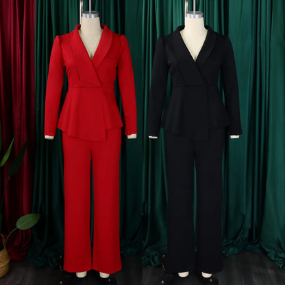 Women's Elegant V-Neck Ruffle Top & Wide Leg Pants Two-Piece Set