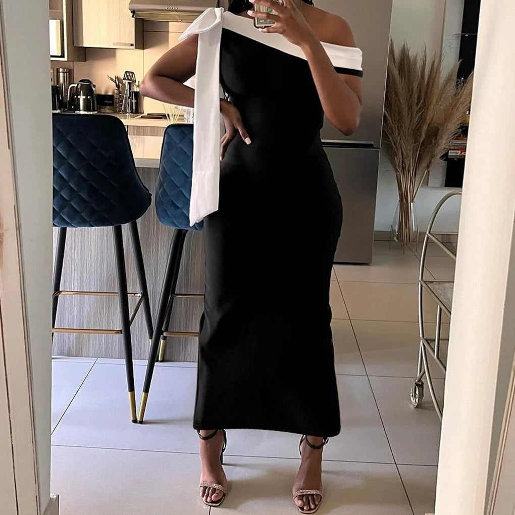 Women's Off-the-Shoulder Ribbon Tie Pencil Midi Dress – Sleeveless Solid Color Fitted Dress