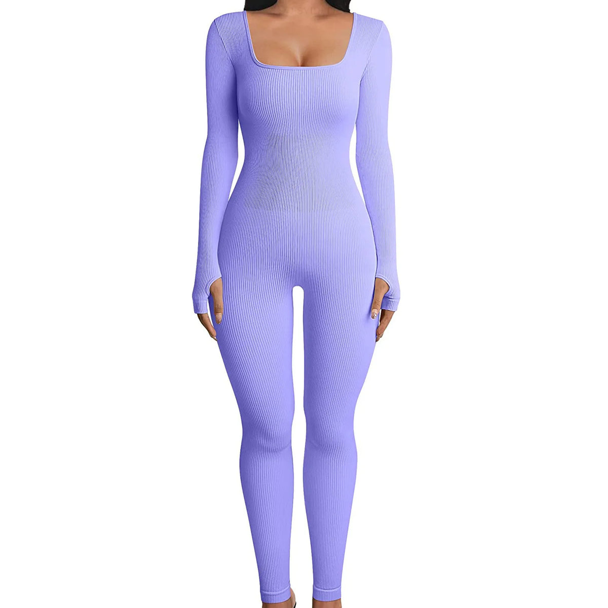 Women's Ribbed Skinny Jumpsuit – Square Neck, Hip-Lifting, All-Season