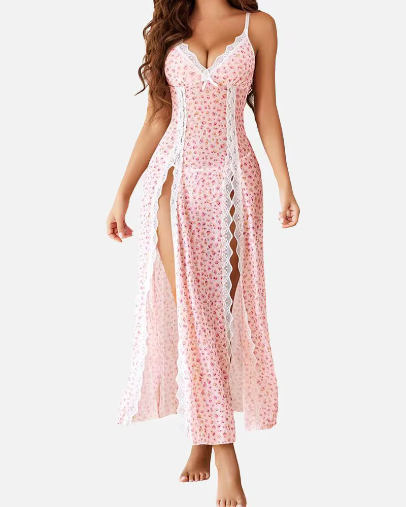 Women's Lace Mesh Nightgown & Thong Set – Spaghetti Strap Split Hem Lingerie Sleepwear
