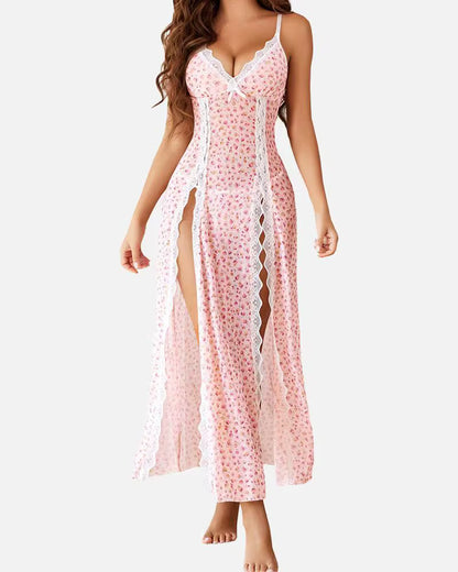 Women's Lace Mesh Nightgown & Thong Set – Spaghetti Strap Split Hem Lingerie Sleepwear
