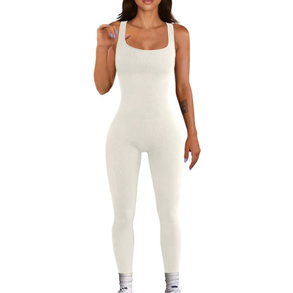 Women's Ribbed Skinny Jumpsuit – Square Neck, Hip-Lifting, All-Season