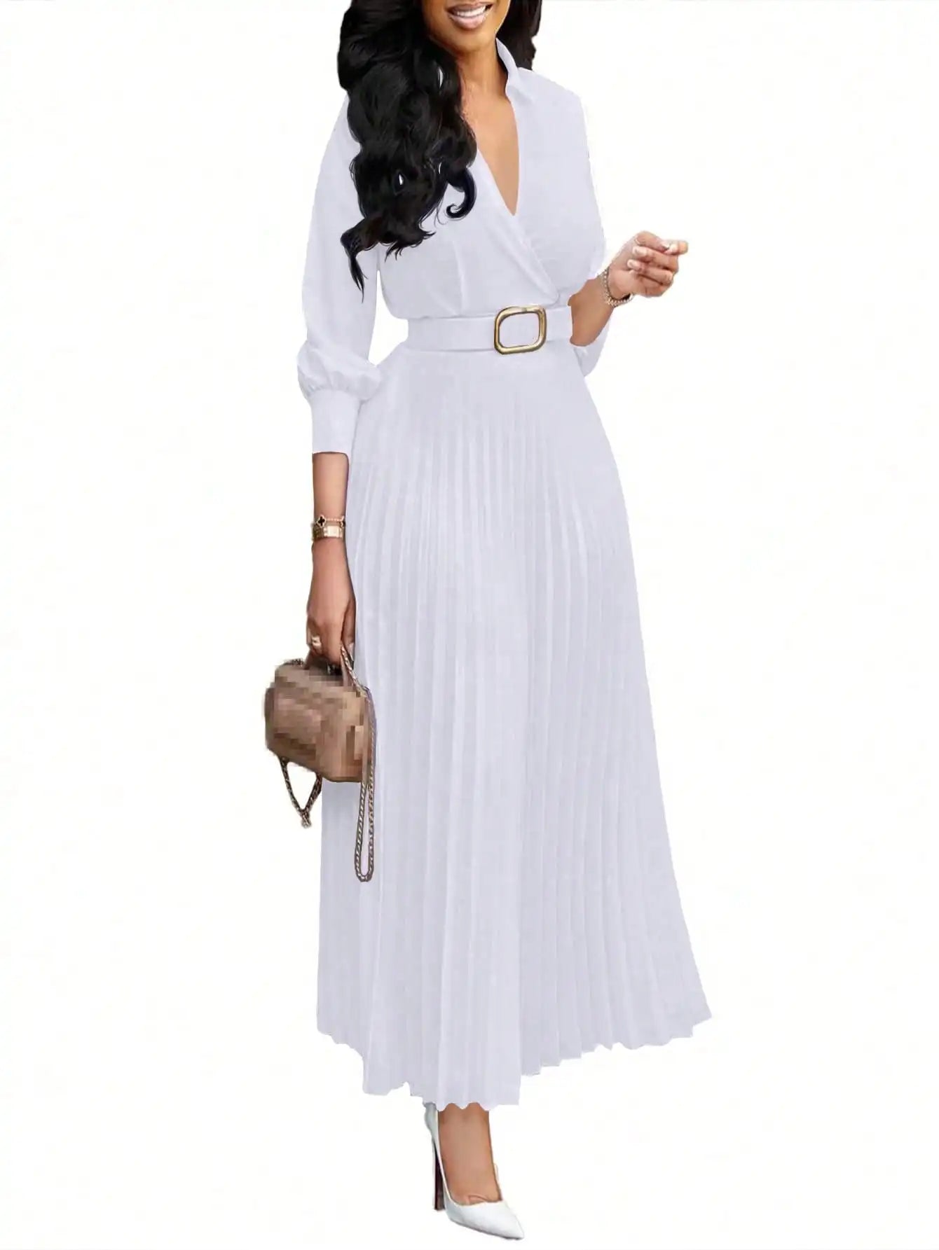 Women's V-Neck Midi Dress – Casual Loose Puff Sleeve Empire Waist Dress