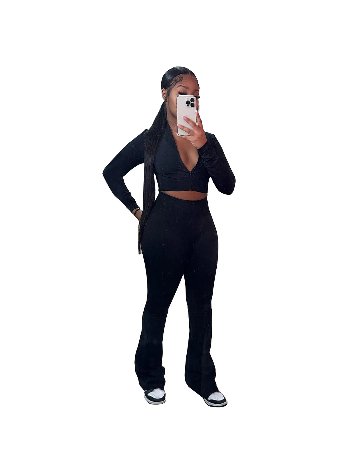 3Pc Solid Color Crop Top, High Waist Bootcut Sports Trousers and Long Sleeve Jacket