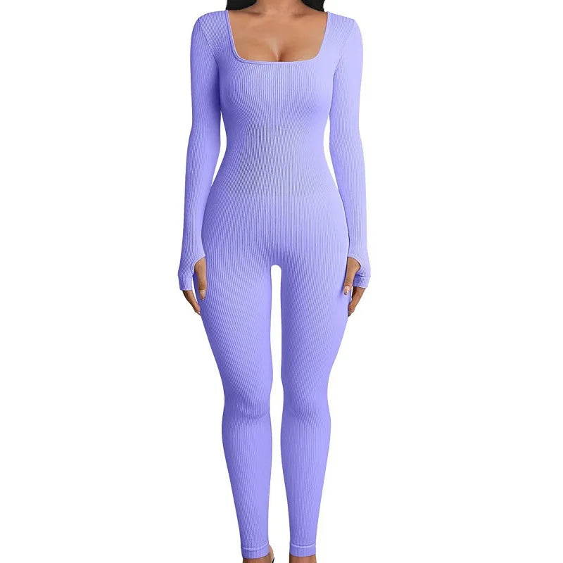 Women's Ribbed Skinny Jumpsuit – Square Neck, Hip-Lifting, All-Season