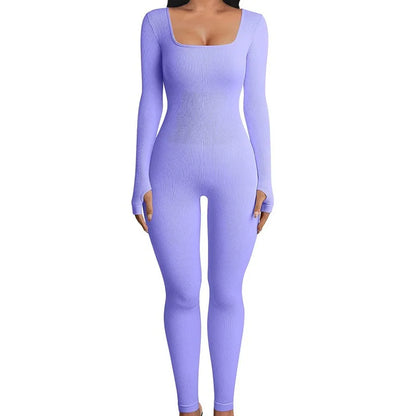 Women's Ribbed Skinny Jumpsuit – Square Neck, Hip-Lifting, All-Season
