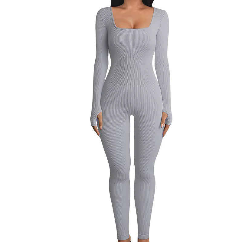 Women's Ribbed Skinny Jumpsuit – Square Neck, Hip-Lifting, All-Season
